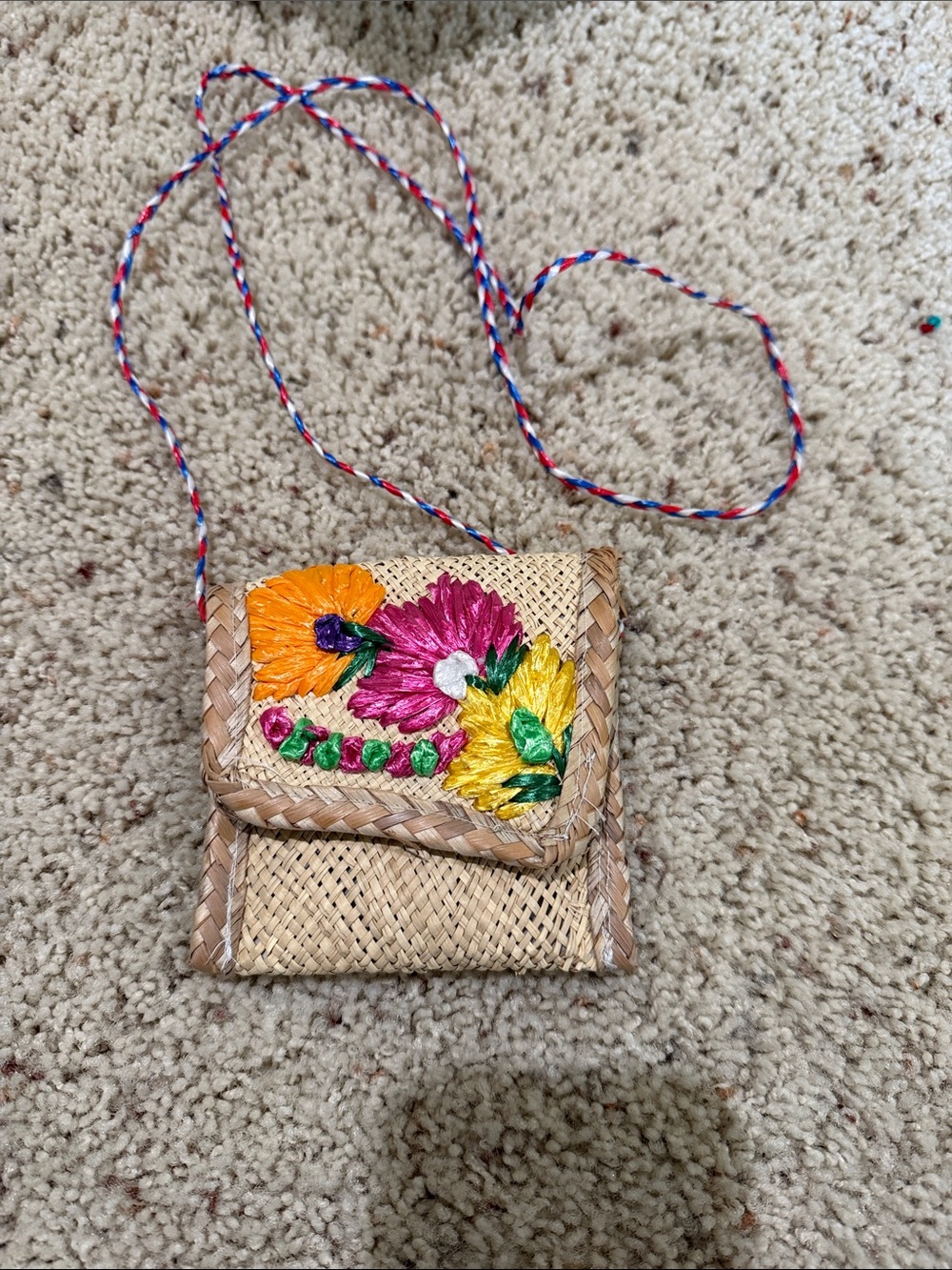 Handwoven Floral Embroidered Straw Crossbody Bag in Natural